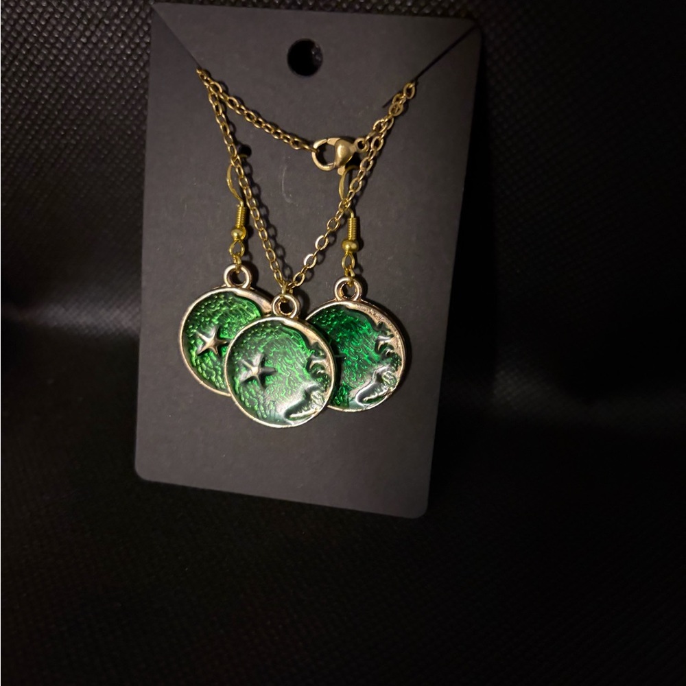 Celestial Green and Gold Pendant Necklace Set